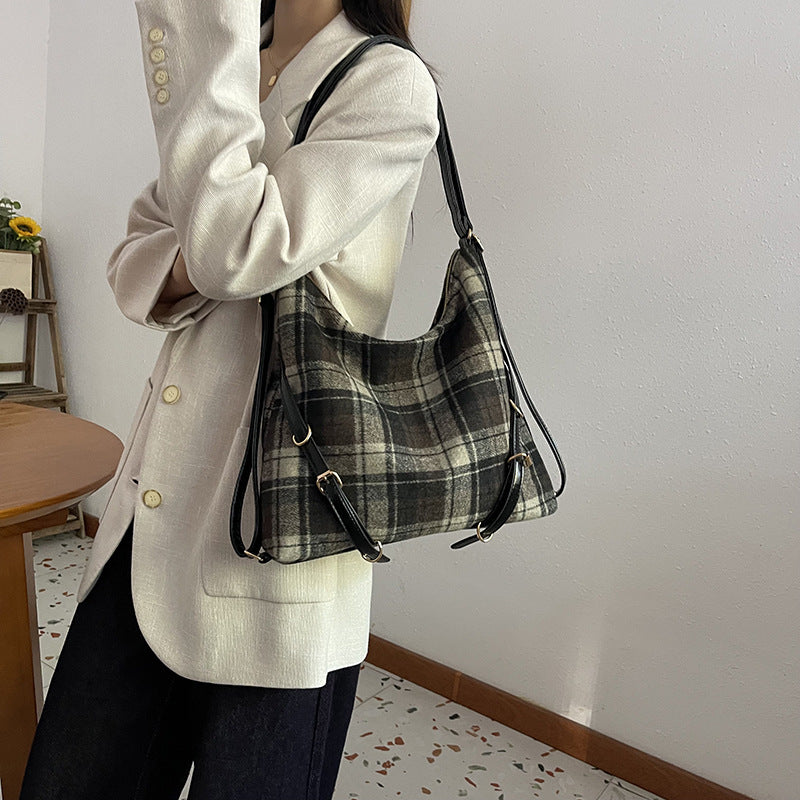 Retro plaid large-capacity bag women's 2025 new trendy college woolen tote bag casual backpack bag