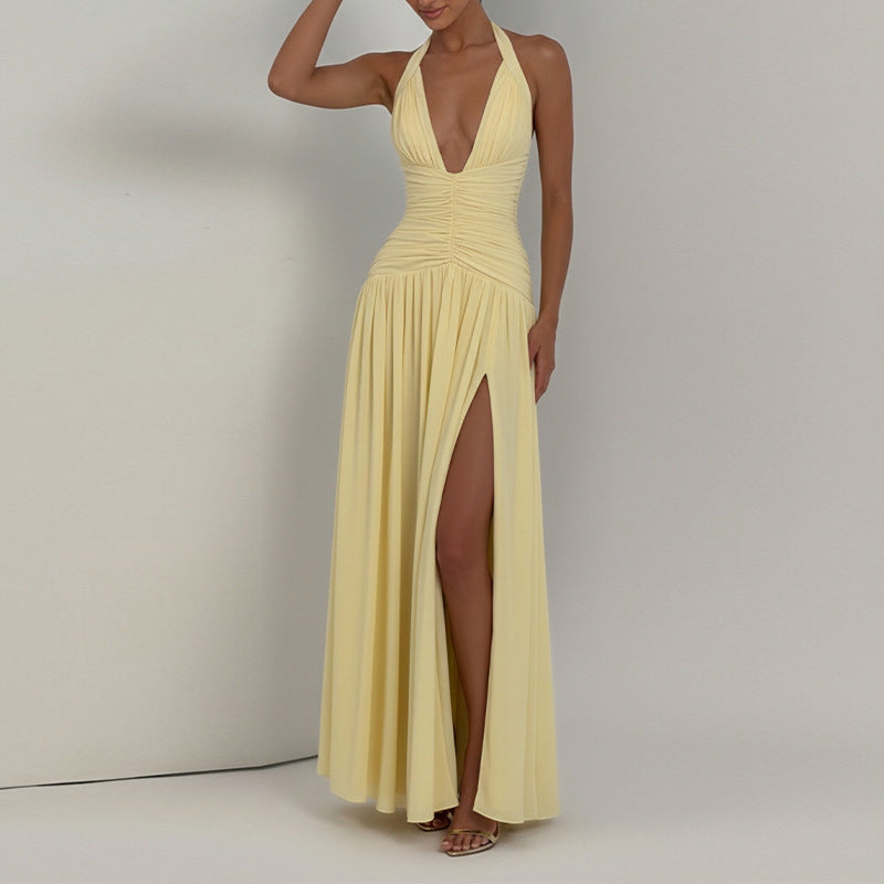 summer new arrivals: european & american cross-border women's fashion - elegant & sexy v-neck ruched slit bodycon dress