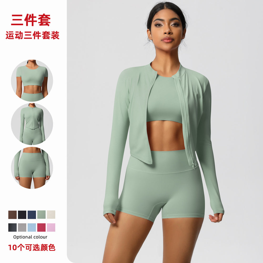 European and american style seamless fleece-lined yoga set - quick-dry, breathable activewear for outdoor leisure, running, and fitness (3-piece)
