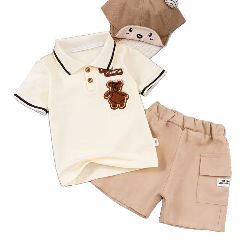 new boys' summer outfit: bear embroidered set - baby polo shirt & cargo shorts two-piece wholesale