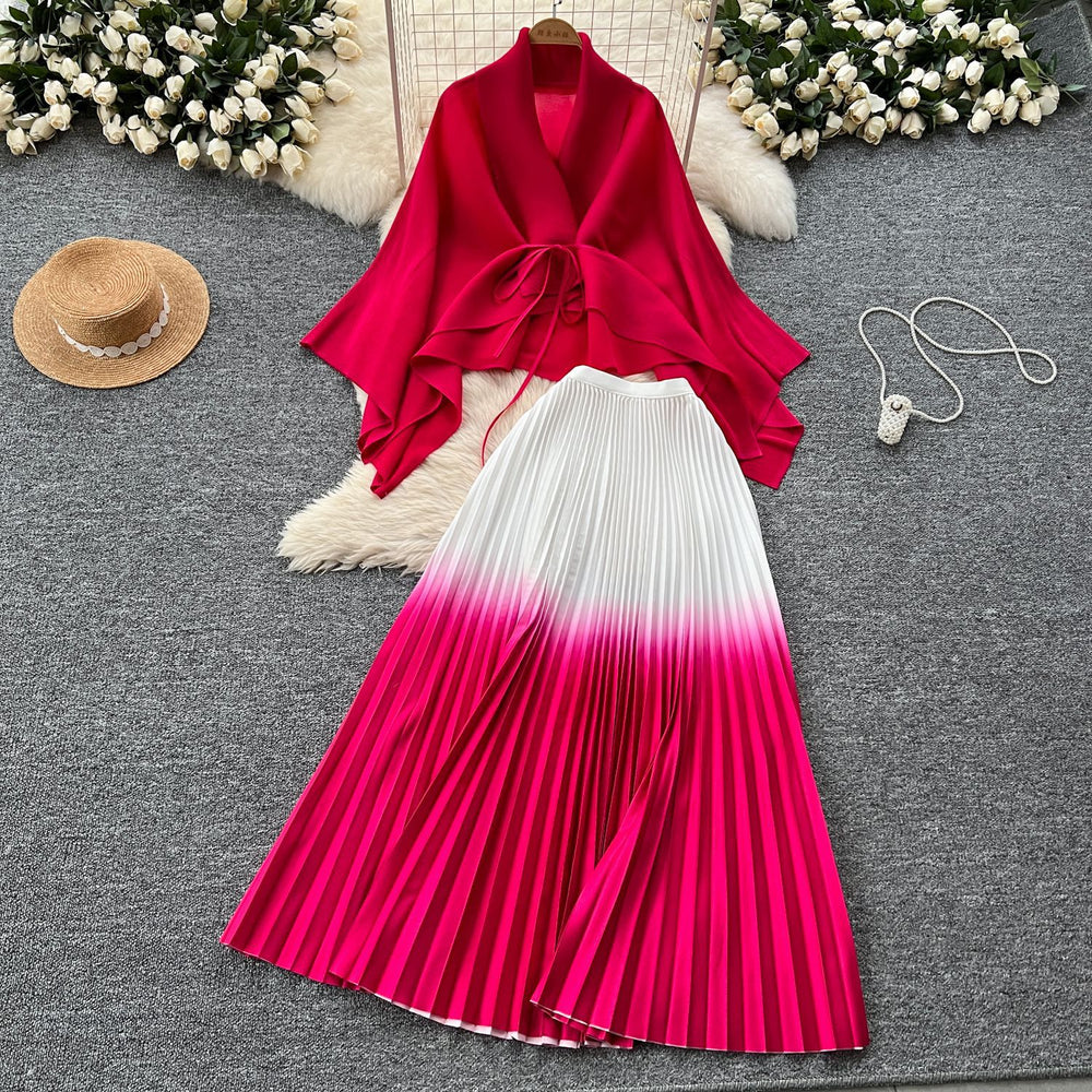 Miya pleated butterfly sleeve gradient tie back shawl short outweartops+gradient pleated skirt two-piece set