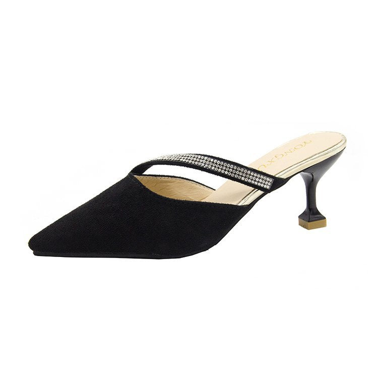 Foreign trade wholesale thin heel cool slippers women's 2023 new bag head pointed rubber thin heel high heel suede cool slippers women