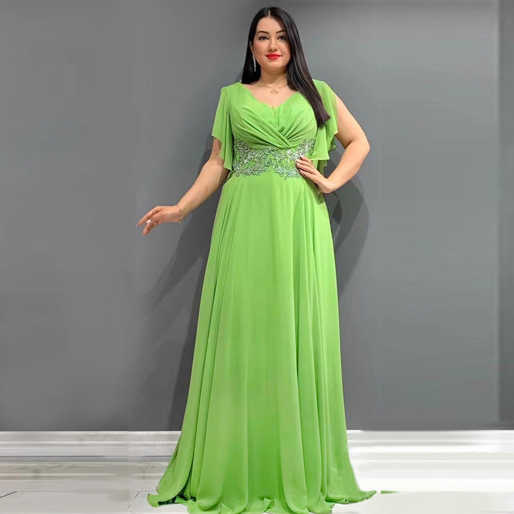 Fashion cross-border independent plus size women's pure color v-neck long skirt dress banquet large swing dress evening dress elegance