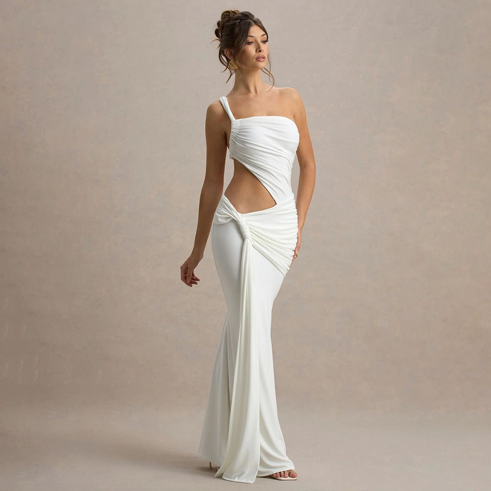 european and american cross-border summer sexy one-shoulder backless bandeau dress fashion solid color tie-up ruched maxi dress