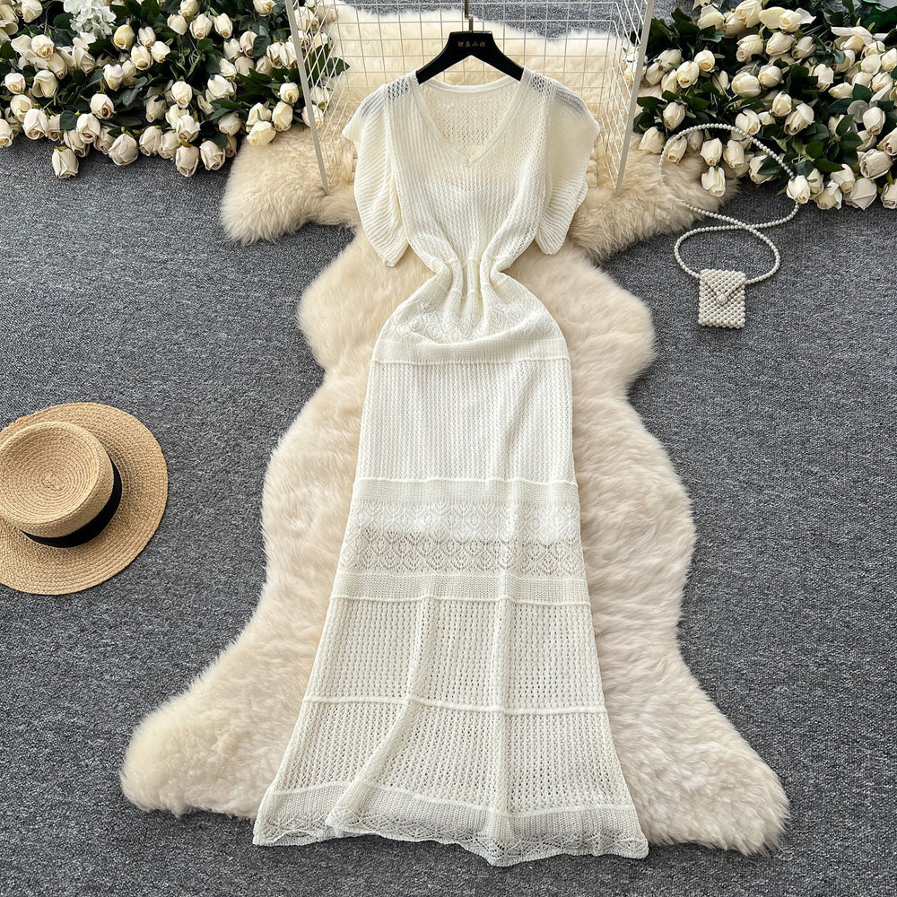 Korean style women's high-end hollow-out crochet knit dress with cinched waist and flutter sleeves, two-piece set with inner slip dress