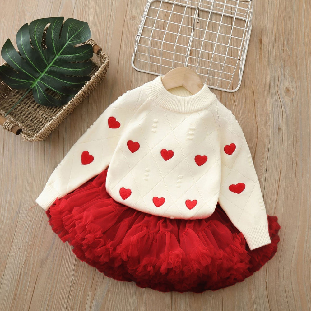 Girls' sweater new autumn and winter heart embroidery knit pullover top baby girl festive warm base layer set