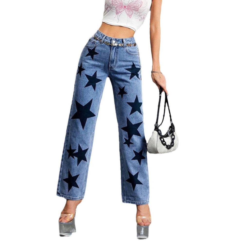 Women's black star denim jeans - new casual, edgy street style wide leg high waist washed jeans