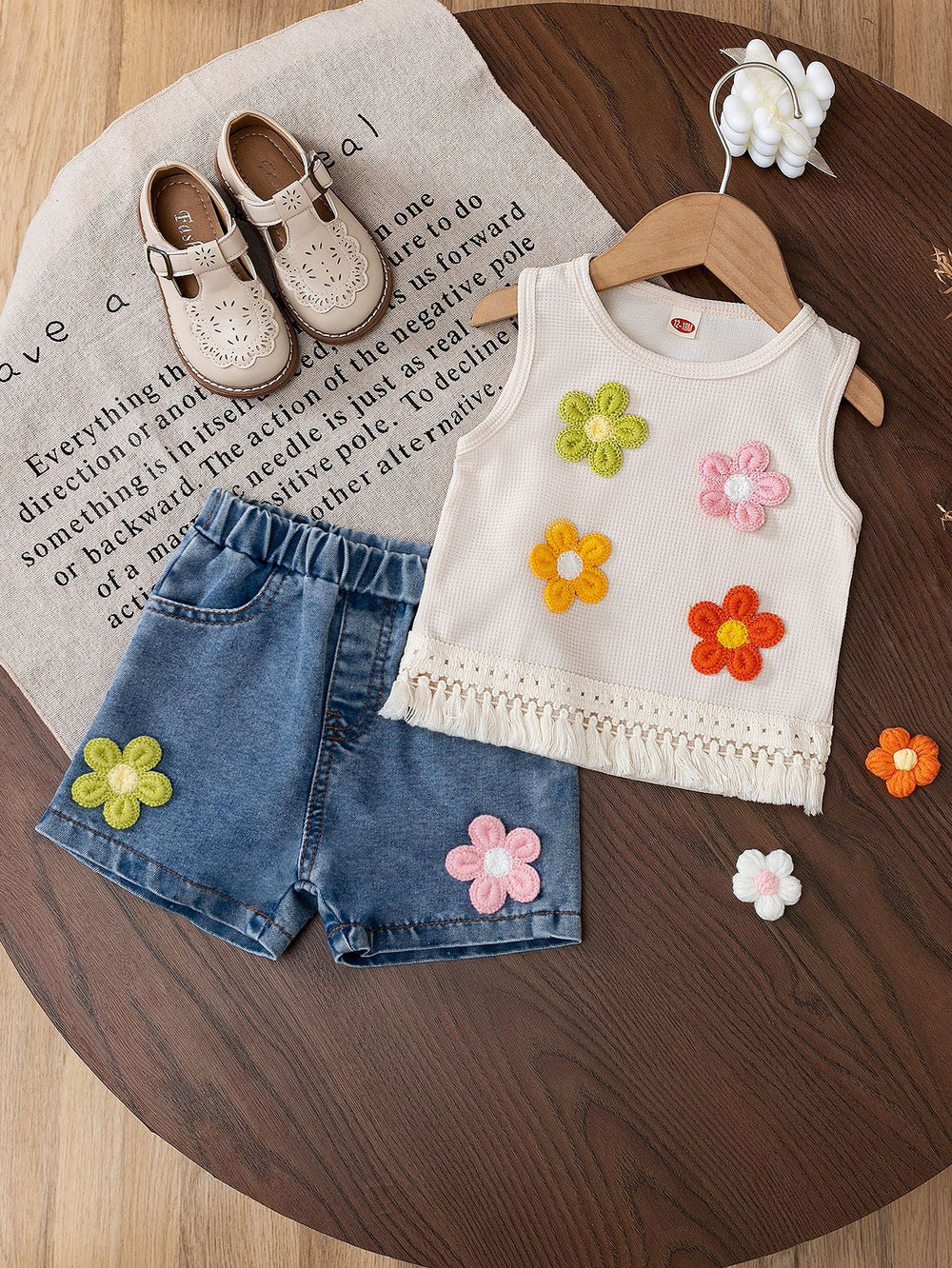 cross-border e-commerce girls' cute tank top print + denim shorts autumn outfit