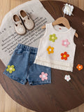 cross-border e-commerce girls' cute tank top print + denim shorts autumn outfit
