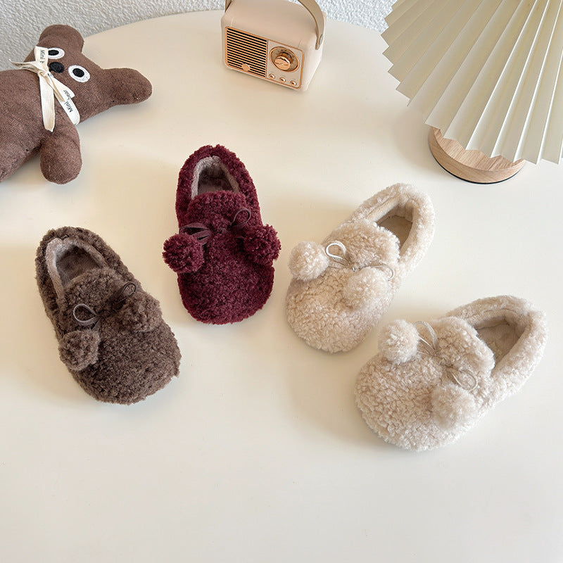 Children's hair ball one-pedal velvet cotton shoes 2025 autumn and winter new Korean version thickened warm girls' hair shoes