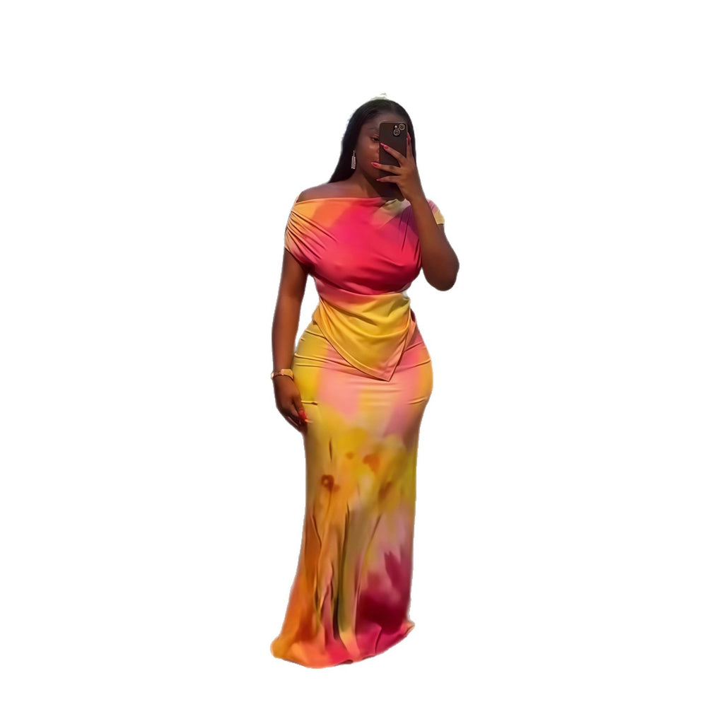European and american cross-border women's fashion  autumn new arrival: off-the-shoulder irregular print top and slim-fit a-line skirt two-piece set
