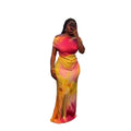 European and american cross-border women's fashion  autumn new arrival: off-the-shoulder irregular print top and slim-fit a-line skirt two-piece set