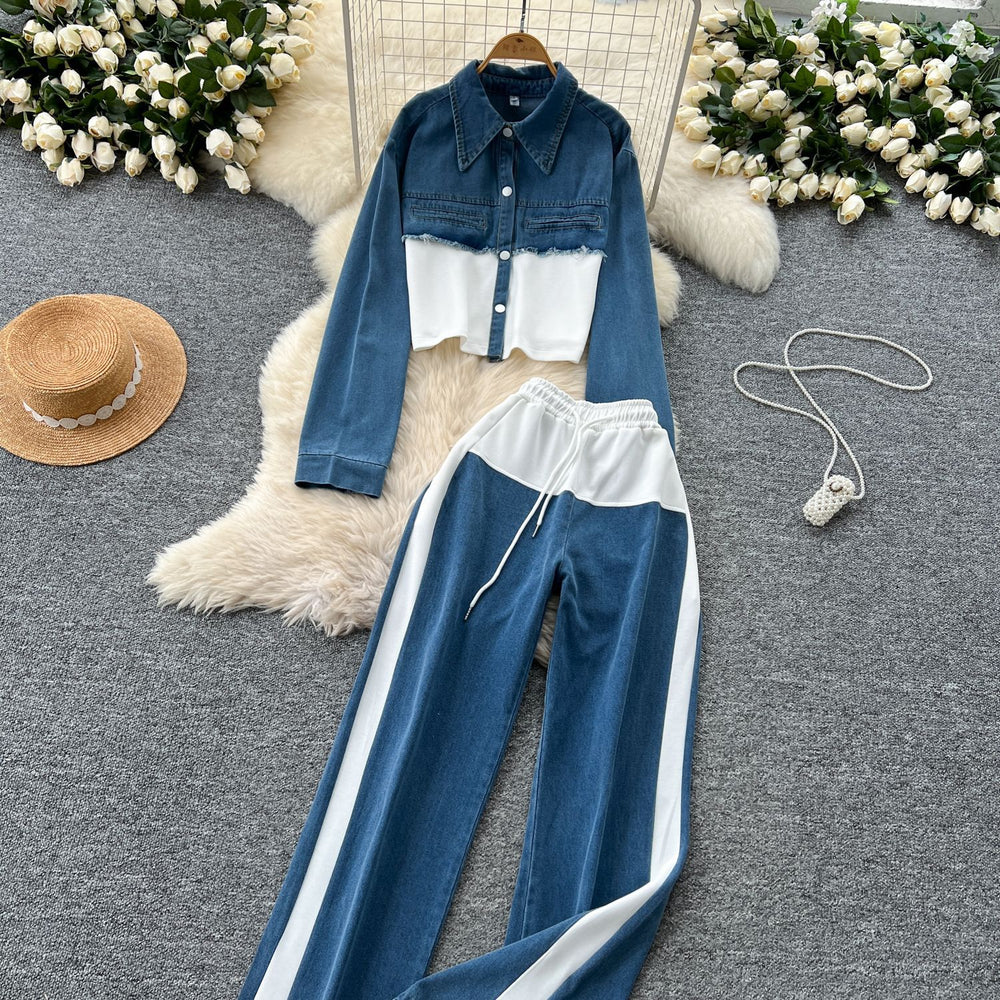 Hong kong style casualsuit women's high waistpatchwork denim wide legstraight-leg pants two-piece setfashion lapel jacketoutwear