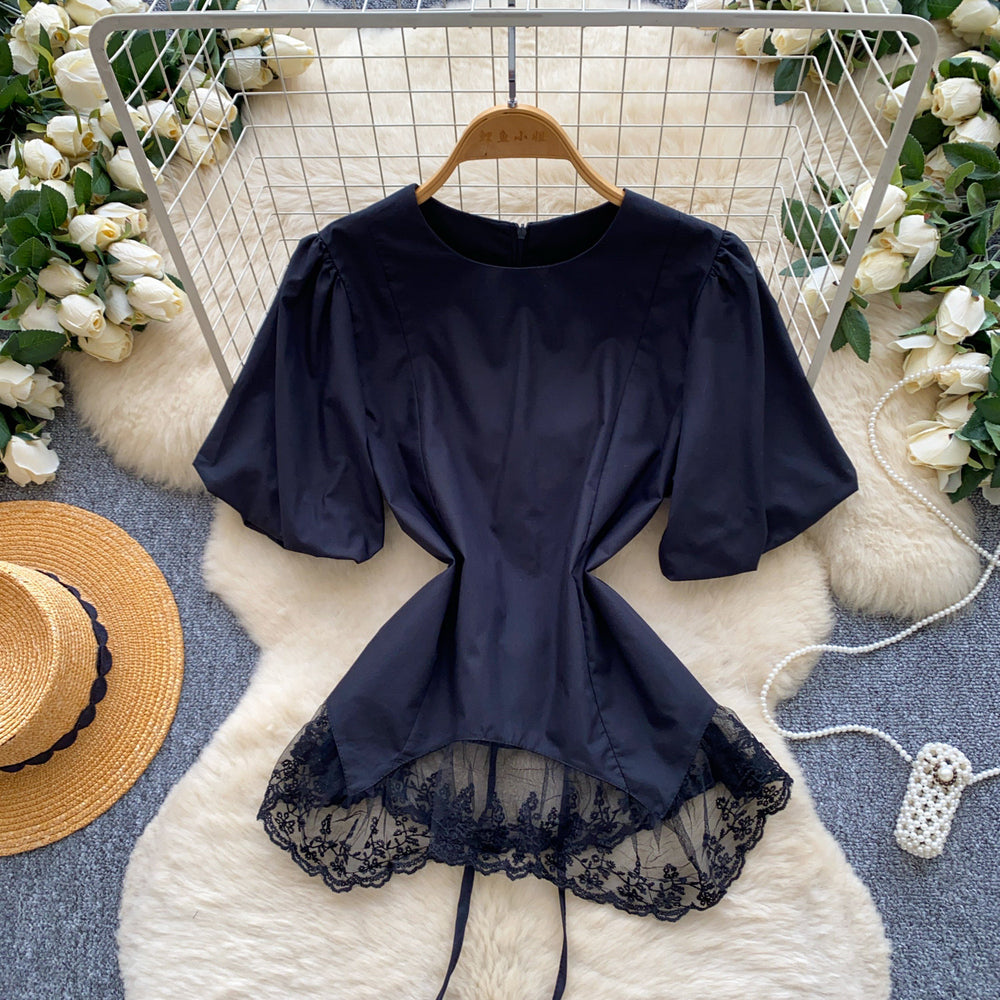 Korean style commute chic lace patchwork short sleeve blouse - women's summer, skin-friendly, breathable, loose fit, high-end, and stylish top