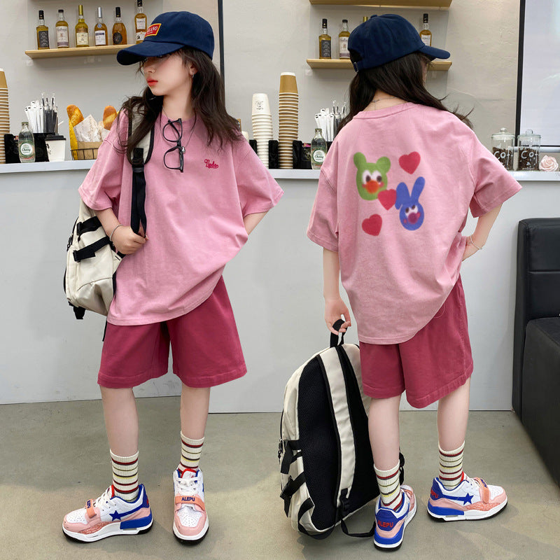 Girls' summer lightweight outfit set - trendy & stylish streetwear-inspired activewear for big kids (ages 8-9)