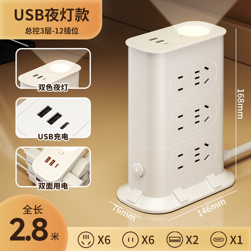 Multi-functional usb power strip socket - dorm room student power strip with long cord, home office desk panel with clock and night light