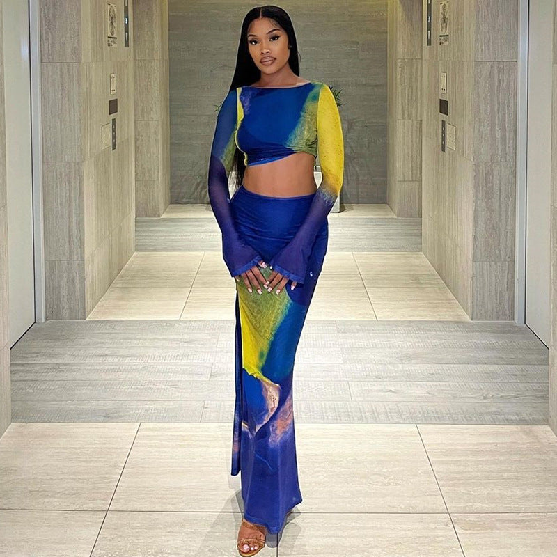 European and american style printed bodycon dress set with flared sleeves, ruched crop top, and high-waisted bodycon skirt - fashionable two-piece outfit
