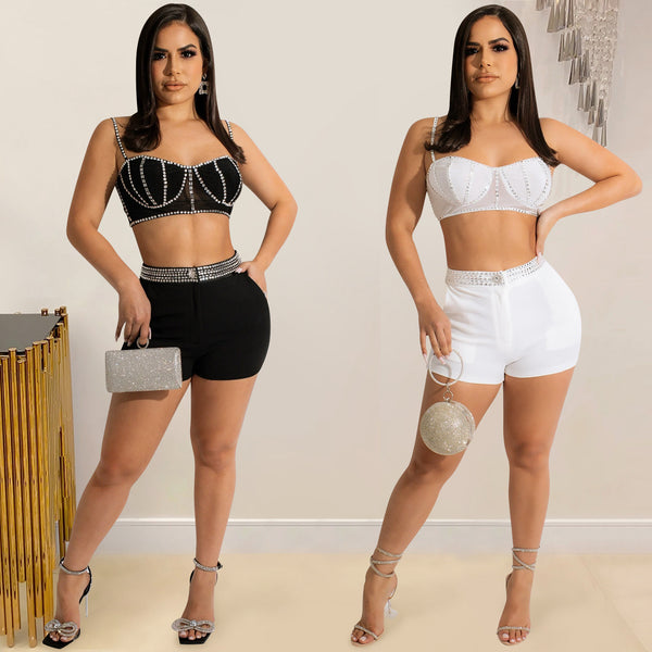 X5676 Cross-border   European and American new hot diamond sling zipper chest wrap vest shorts two-piece set