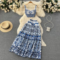 Summer blue and white porcelain print set for women: 3d padded bandeau top with straps + pleated midi skirt two-piece outfit