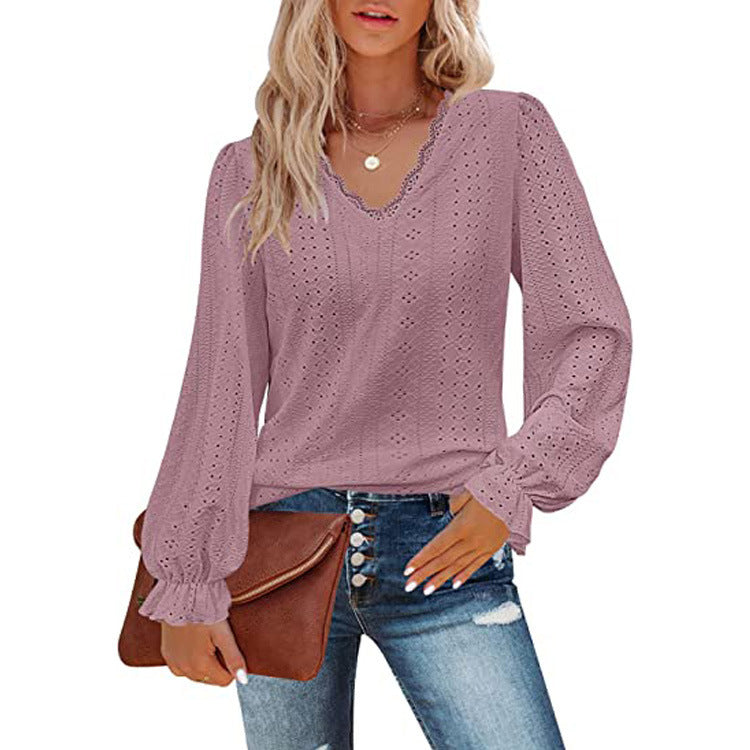 new women's fashion cross-border european and american v-neck t-shirt with cutout detail, casual ruched sleeve top blouse