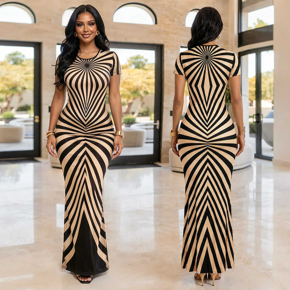 C7725 cross-border   fashion women's elegant personalized printed striped long dress
