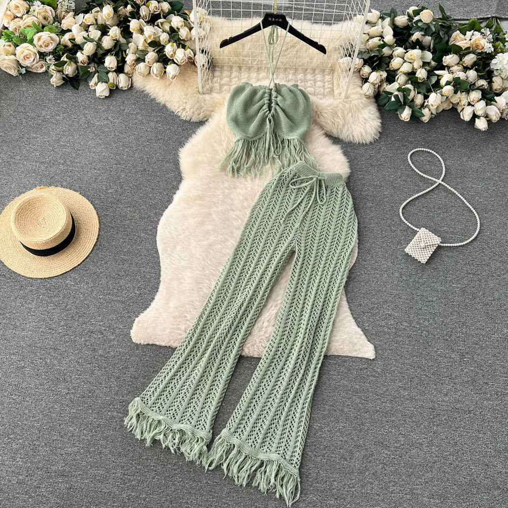 Bohemian beach vacation set for women: summer knit tassel halter top and high-waisted cutout pants two-piece outfit