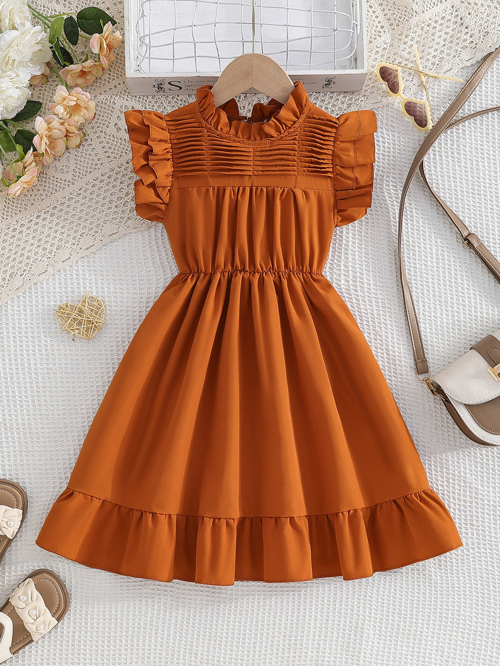 Exportsummergirldress orange brown flying sleeve vest finale lacepatchworkpleatedkids princess dress