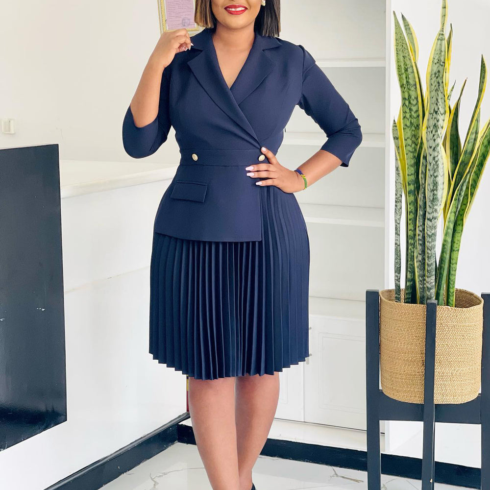 D543 women's foreign trade   autumn new fashion elegant blazer collar solid color pleated african dress