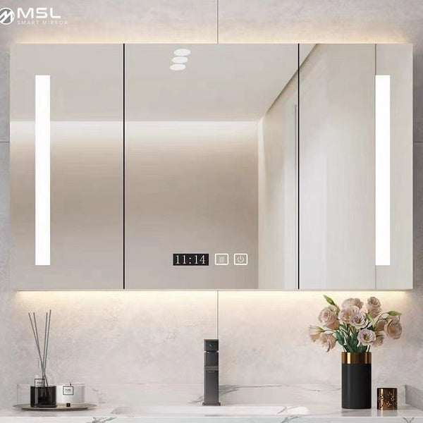 Intelligent anti-fog luminous bathroom mirror cabinet Hotel villa bathroom Multifunctional aluminum alloy cosmetic mirror cabinet Wall-mounted