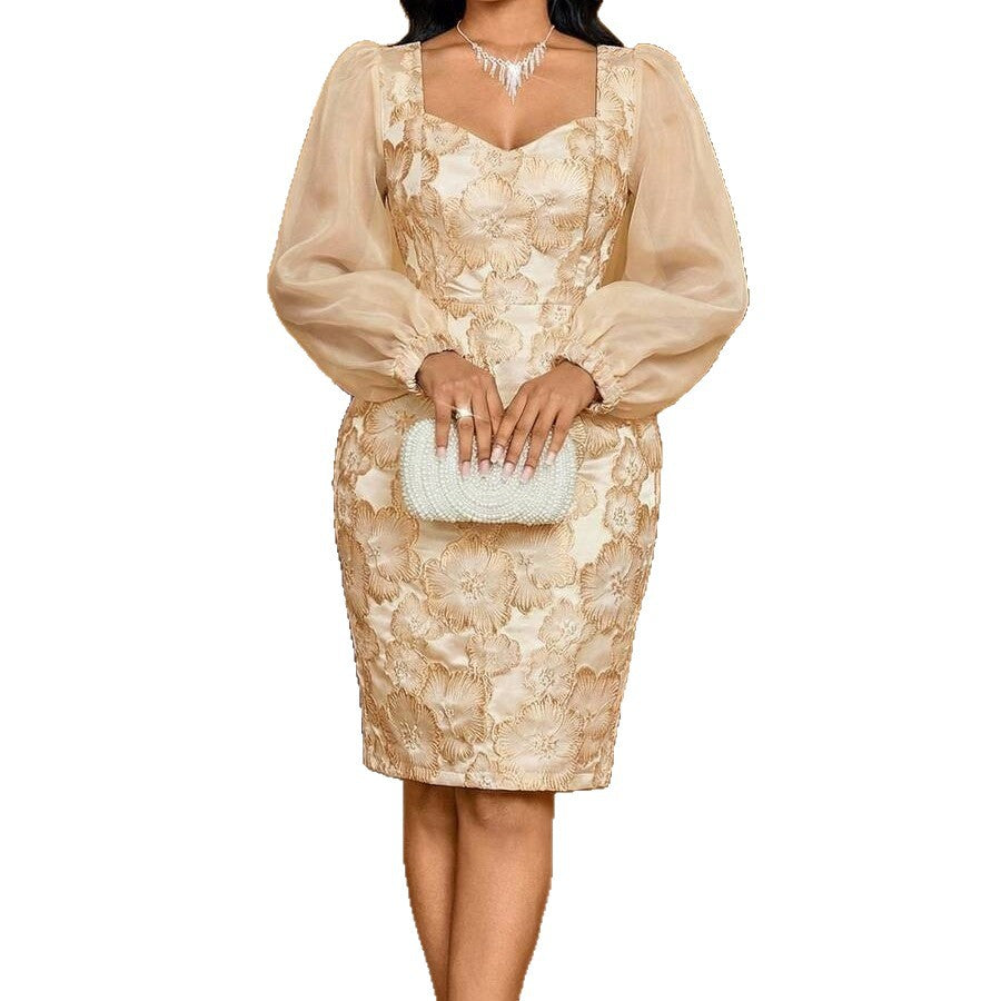 Women's printed midi dress featuring organza lantern sleeves, perfect for an elegant evening gown