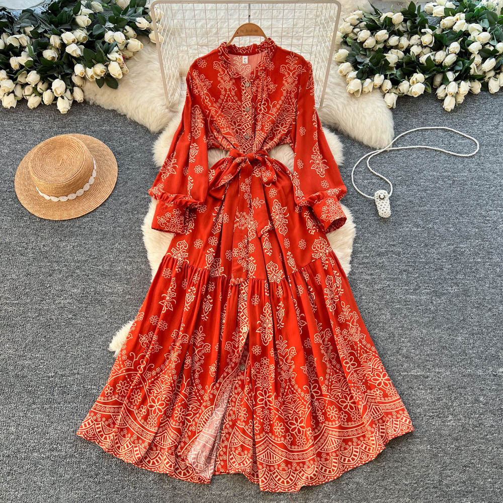 Vintage print ruffle collar tie-waist a-line maxi dress - long sleeve, slimming, and perfect for work