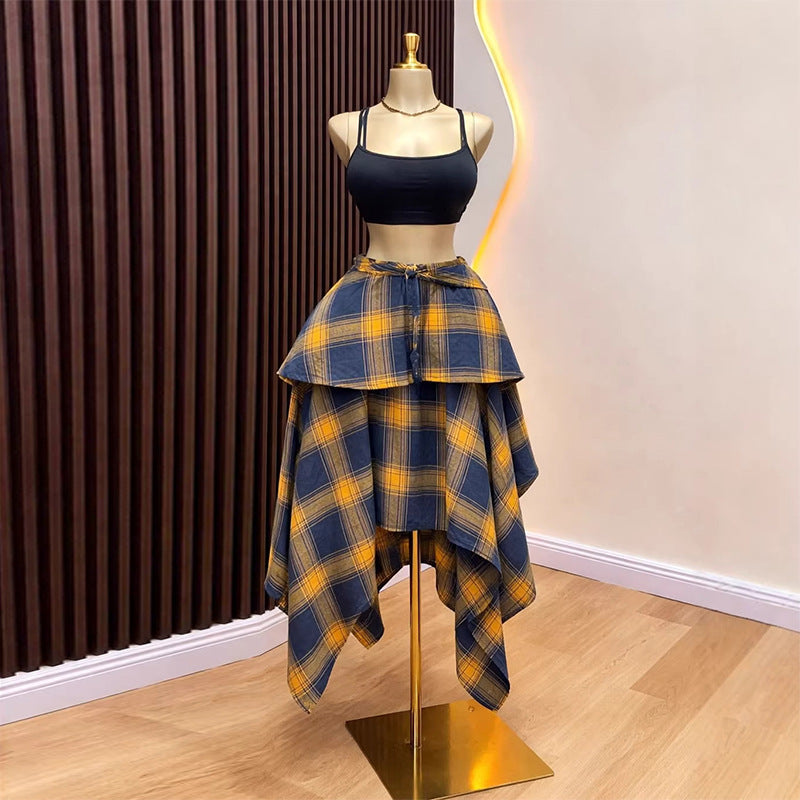 European and american cross-border women's fashion:  summer new arrival - high-waisted plaid layered midi skirt with asymmetrical hem
