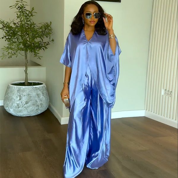 European and American  women's clothing 2025 autumn new fashion V-neck five-quarter sleeve loose and thin top wide-leg pants set