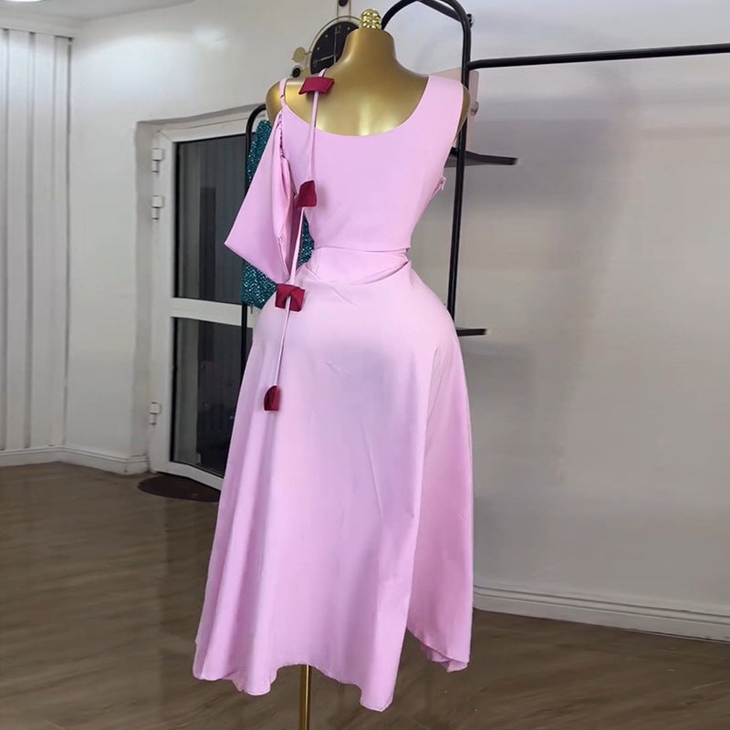 European and american cross-border women's fashion:  summer new arrival - elegant one-shoulder camisole high-waisted slimming decorative midi dress