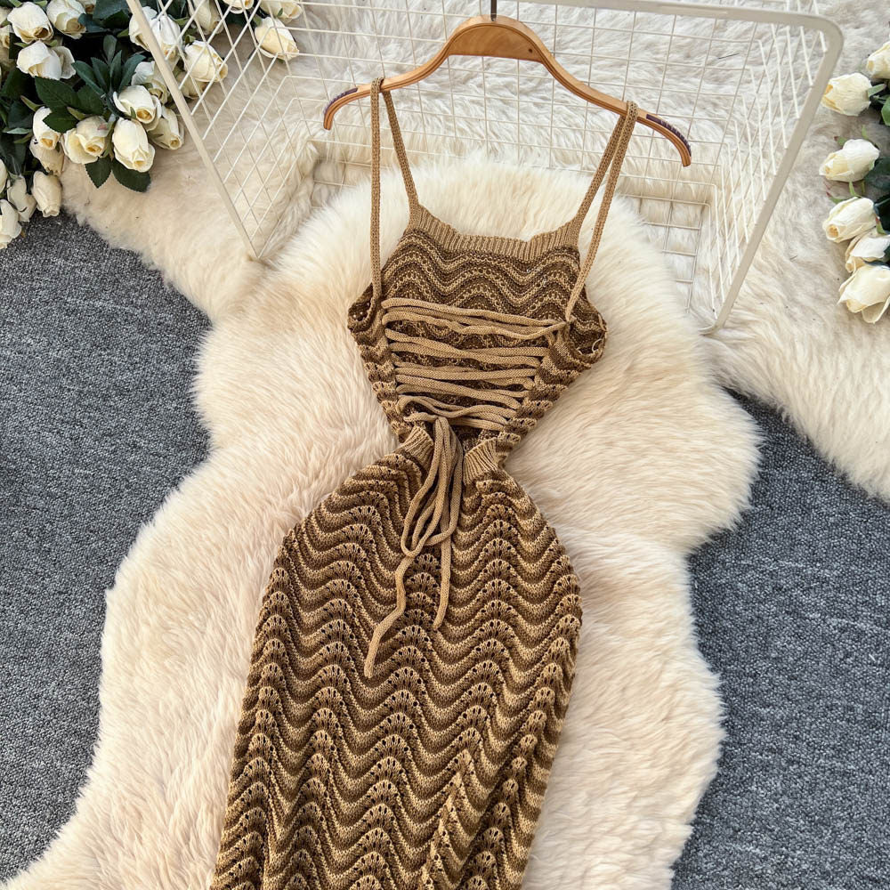 Sexy hot girl knitting sleeveless suspender dress female summer k-stylecut outslimming lookbacklessknitting long skirt