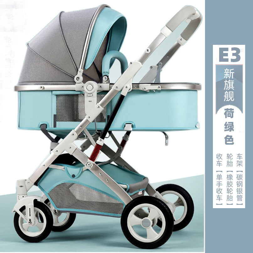 Newborn baby sleeping blue reversible, sit or lie down, high view baby stroller, foldable shock absorber stroller, two-way baby stroller