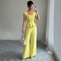 fashion  summer new arrival square neck rufflessuit waist sleeveless tops loose pants two-piece set