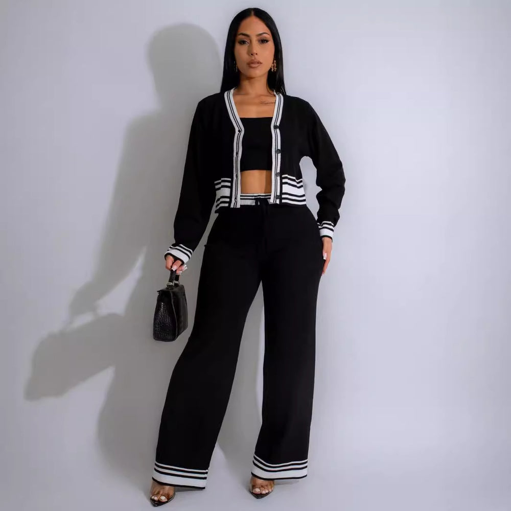 e-commerce source factory: new autumn/winter european and american style women's striped cardigan knit casual three-piece set