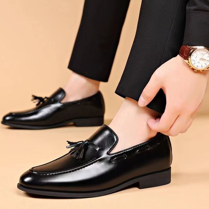 Men's black leather dress shoes - british style, summer breathable, pointed toe, versatile for young professionals and students, black work shoes