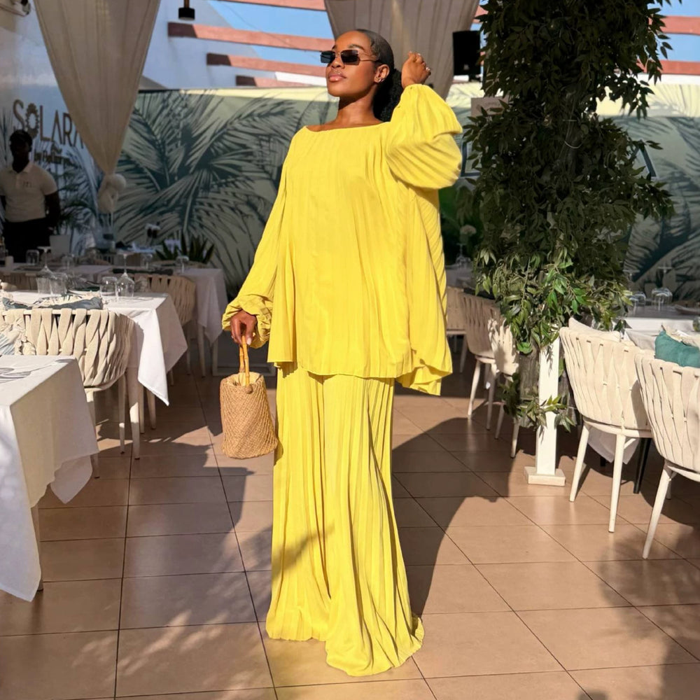 European and american cross-border women's fashion:  summer new collection - trendy lantern sleeve, effortless style, ruched top and wide-leg pants set