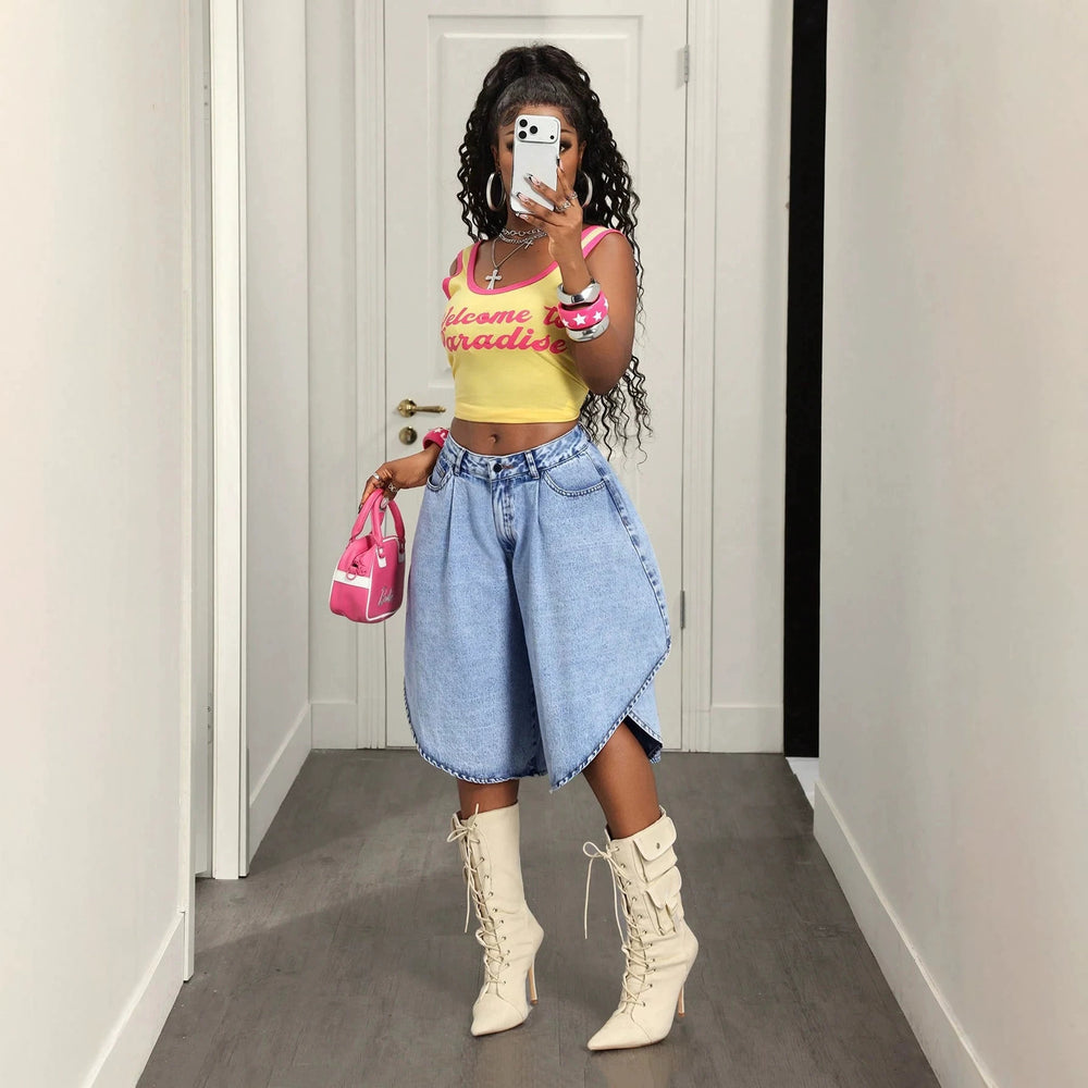 European and american jeans women's light blue washed high waist pleated asymmetrical raw edge wide leg cropped jeans cross-border loose