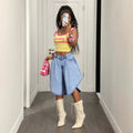 European and american jeans women's light blue washed high waist pleated asymmetrical raw edge wide leg cropped jeans cross-border loose