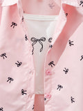 Girls' fashion bow-tie print outfit set - 3-piece cami top + collared blouse & skirt set