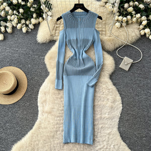 Sense of design, off-shoulder waist dress, female autum socialite slimming lookpatchwork long skirt classy sense of knitting skirt