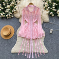 Korean style sweet pink a-line dress with ribbon detail - women's summer flirty sequin tie-waist slimming elegant dress
