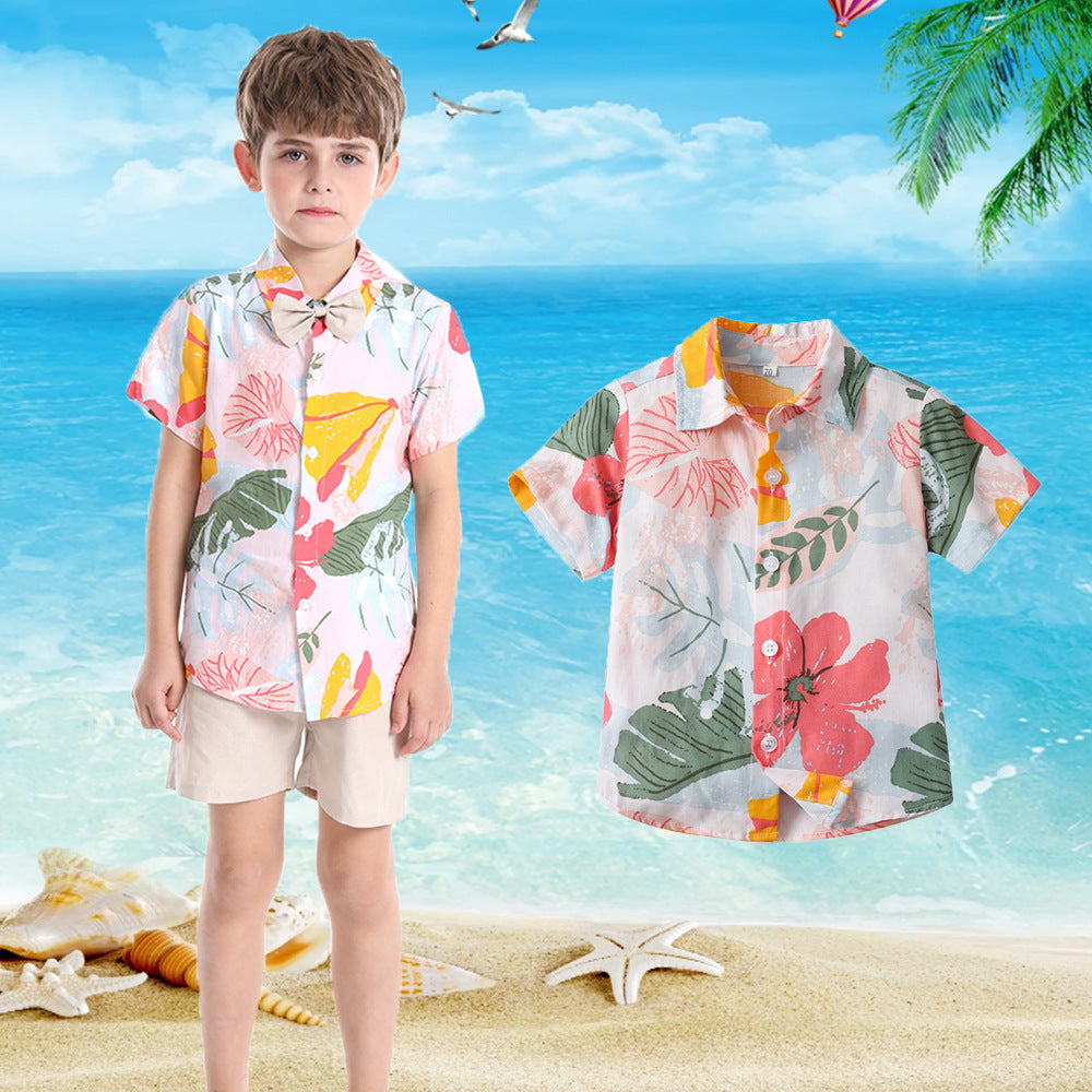 European and american cross-border children's clothing: dad & son vacation outfit, family matching beach style short-sleeve boy's floral shirt