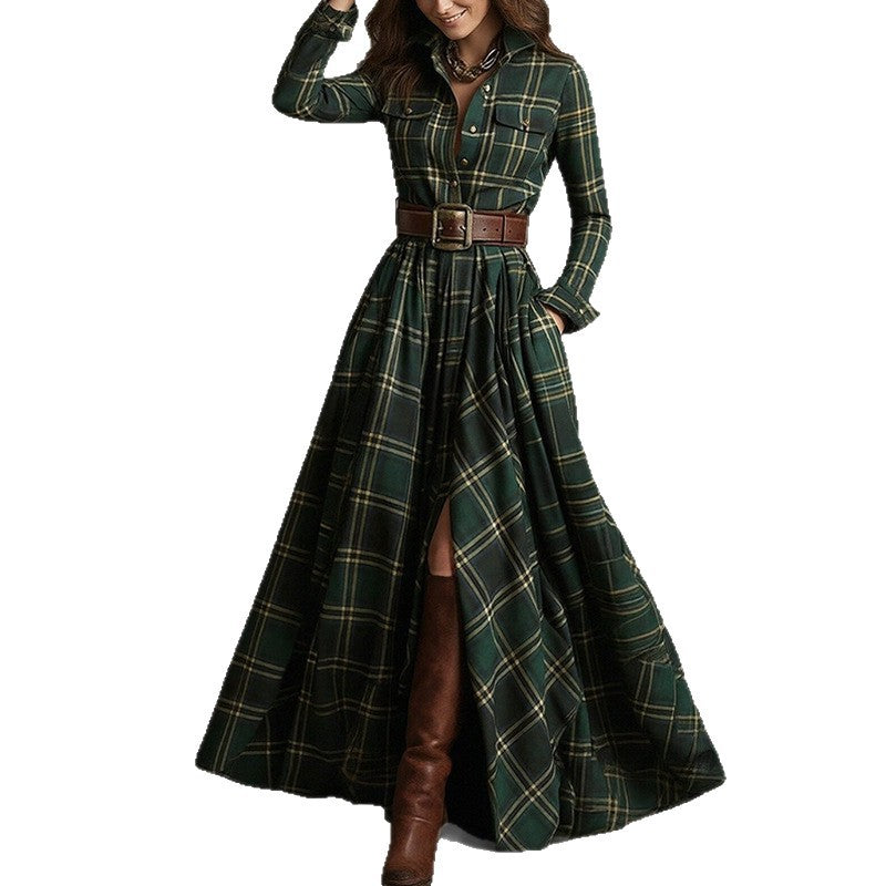 cross-border e-commerce european and american women's clothing: new summer collection - fashionable, casual, and elegant plaid notch collar slim-fit dress