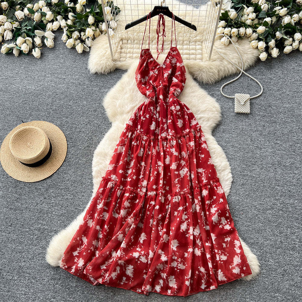 French holiday style red floral suspender dress women's summer pure desire backless sleeveless a-line elegant long skirt slimming look