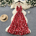 French holiday style red floral suspender dress women's summer pure desire backless sleeveless a-line elegant long skirt slimming look