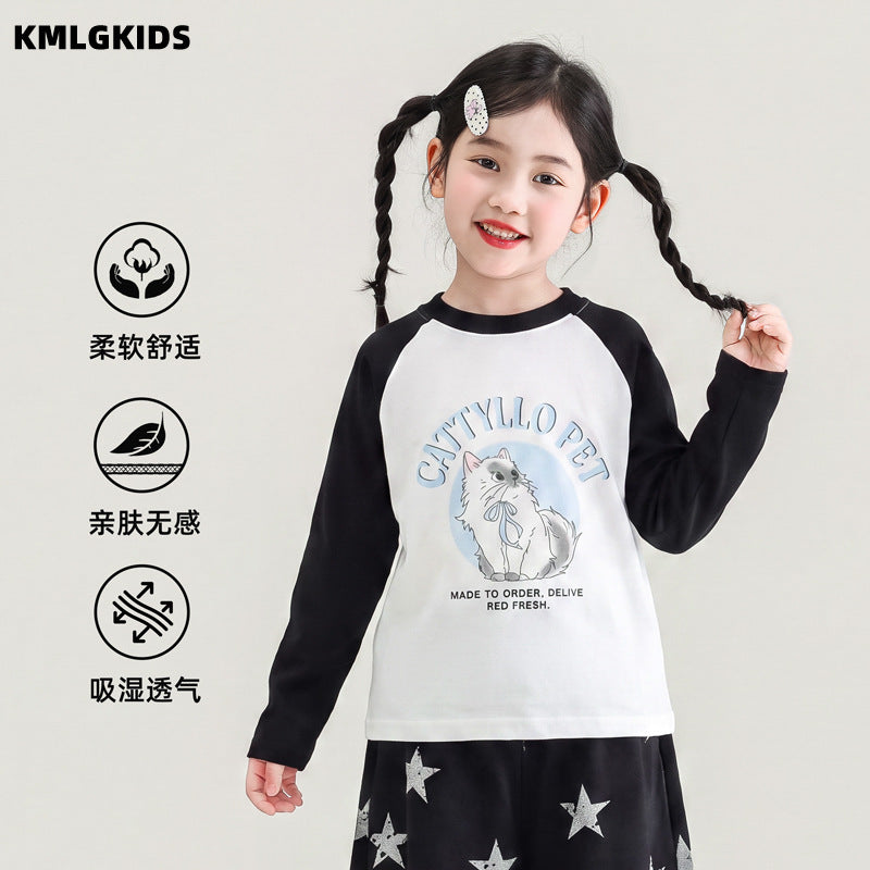 Factory wholesale  autumn new casual girl's sweet raglan sleeve patchwork t-shirt top for toddlers and young children